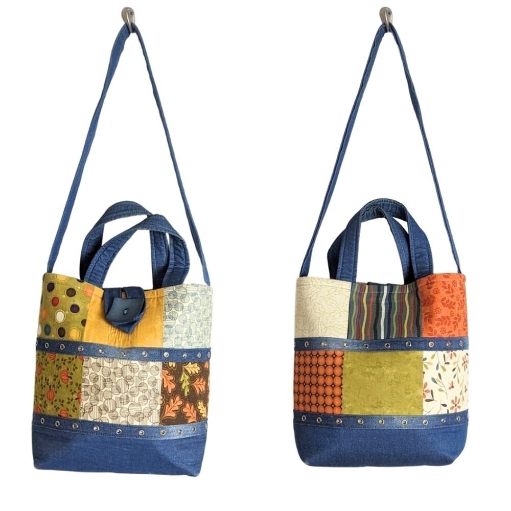 Denim Patchwork Studded Handbag/ Tote Handmade Fall Motif